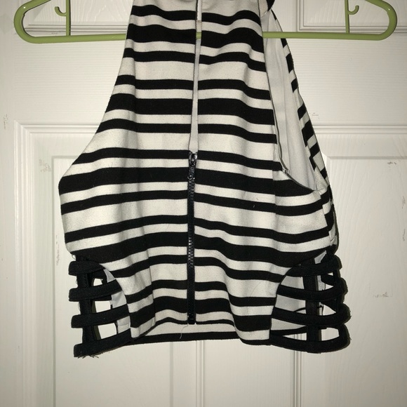 Black & White Stripe Crop Top with Cage Detail - Picture 2 of 3